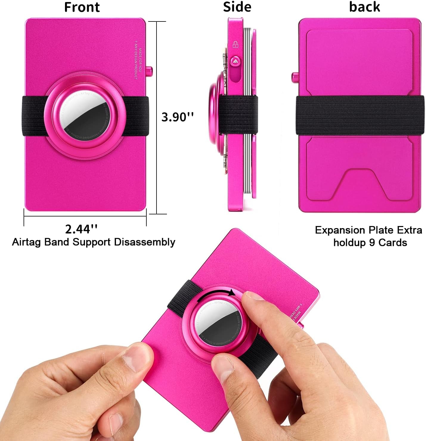 T-MFY Aluminum Card Holder with Snap-On Airtag Band&Expansion Board for Men - Slim Minimast RFID Blocking Magnetic Card Holder for 13 Credit Cards,Rose Red  T-MFY   