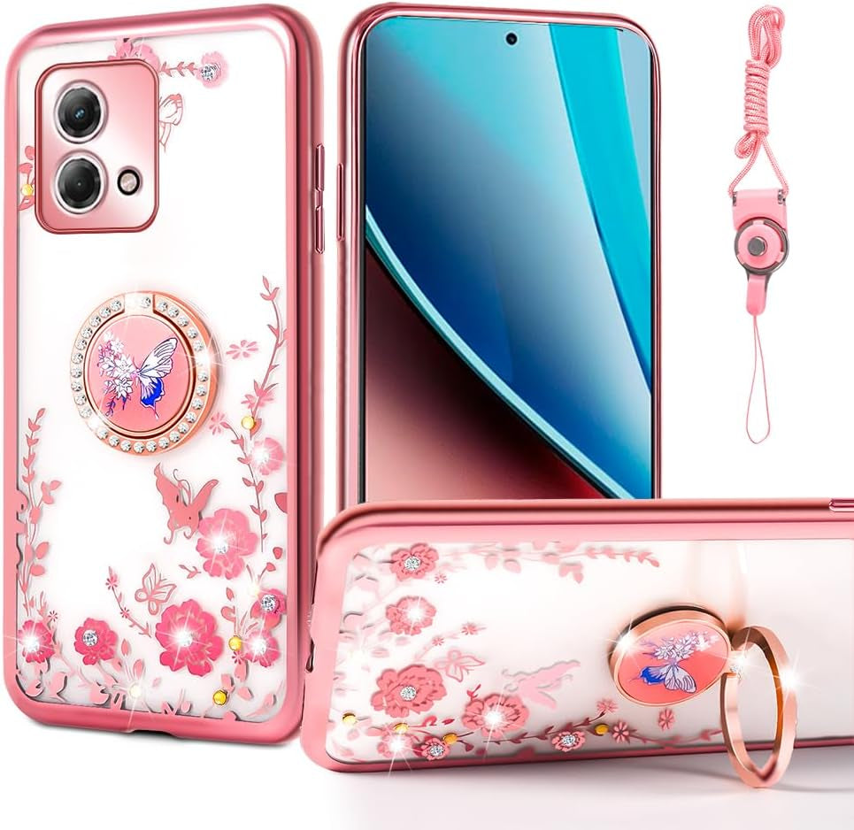 Nancheng Case for Motorola Moto G Stylus 4G 2023 Girls Women Glitter Cute Soft TPU Cover with Ring Kickstand Strap Lanyard Bumper Shockproof Protective Cell Phone Case for G Stylus 2023 4G - Purple  nancheng Rose Butterfly  