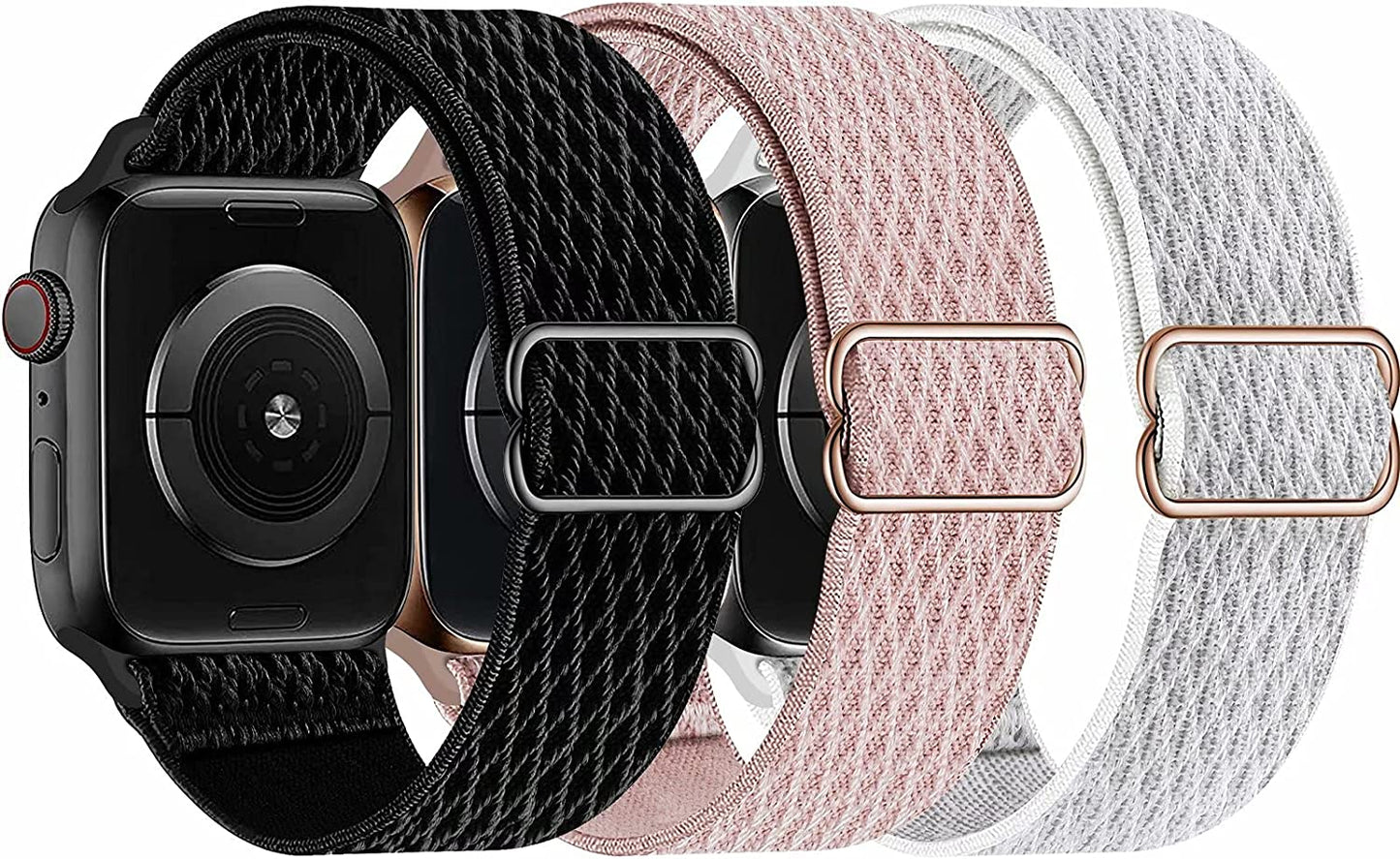 Swhatty Stretchy Nylon Solo Loop Bands Compatible with Apple Watch 41Mm 40Mm 38Mm, Adjustable Braided Sport Elastics Women Men Strap for Iwatch Series 8 7 6 5 4 3 2 1 SE (Black, Rose Pink, Cream)  Swhatty Black/Rose Pink/Summit White 38mm/40mm/41mm 
