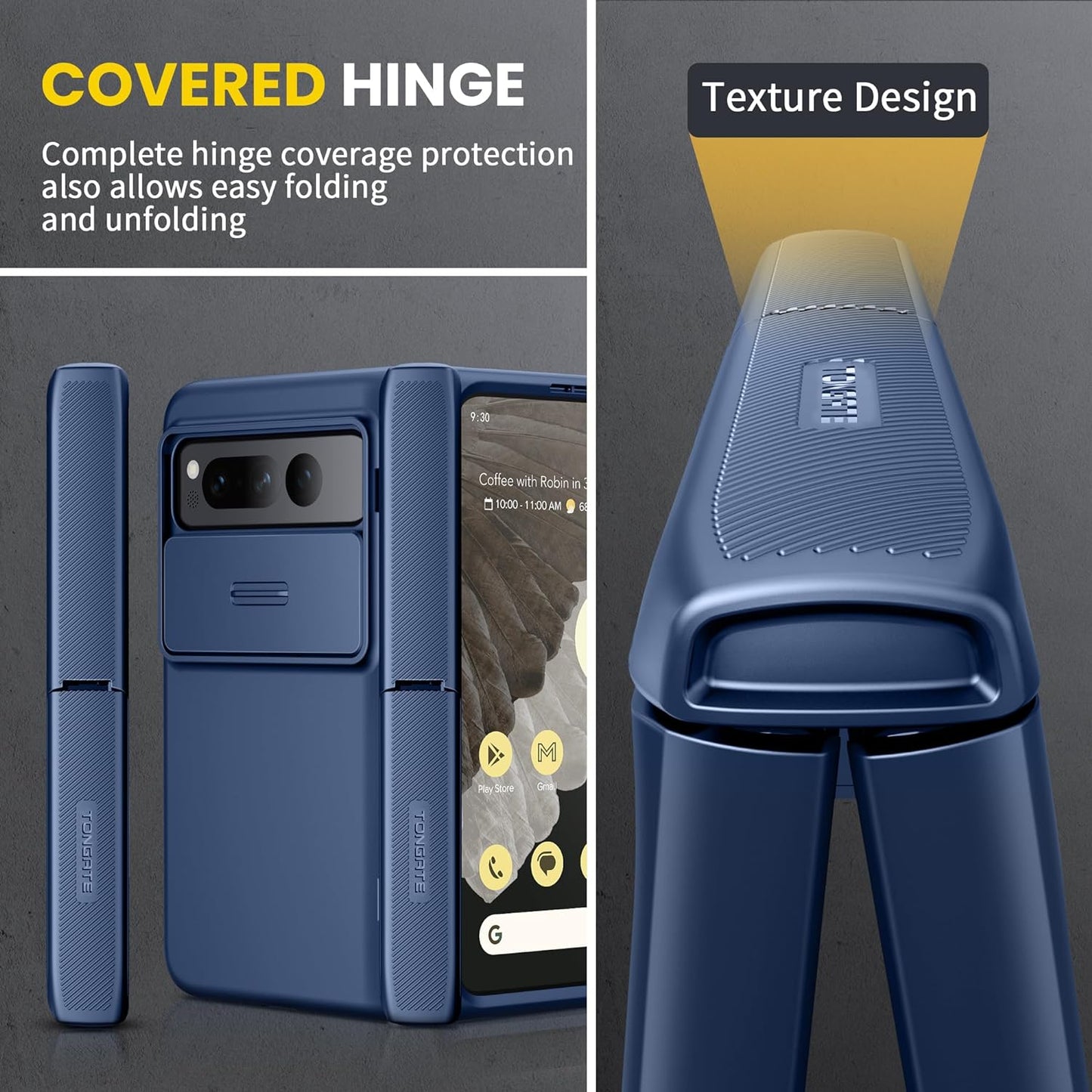 Tongate for Pixel Fold Case, [Built-In Slide Camera Cover & Screen Protector] [Hinge Protection] Military Grade Matte Phone Case with Hidden Kickstand for Google Pixel Fold 5G (2023), Blue  Tongate   