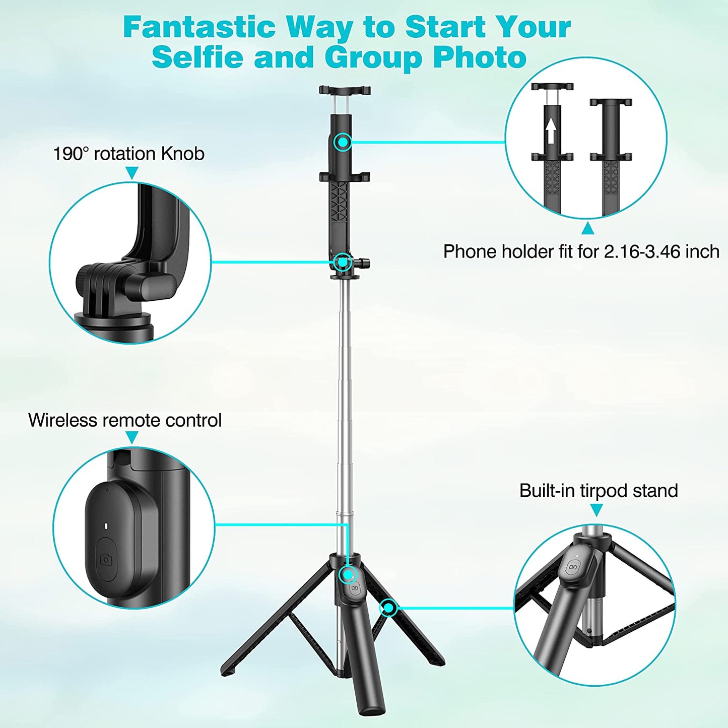 Selfie Stick, Extendable Selfie Stick Tripod with Wireless Remote, Portable Phone Tripod Stand for Group Selfie/Live Streaming/Video Recording Compatible with All Cellphone, Compact Size & Lightweight  Erligpowht   