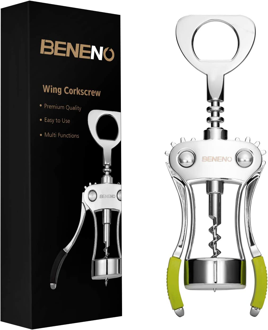 Wine Opener, Zinc Alloy Premium Wing Corkscrew Wine Bottle Opener with Multifunctional Bottles Opener, Upgrade  Beneno Green  