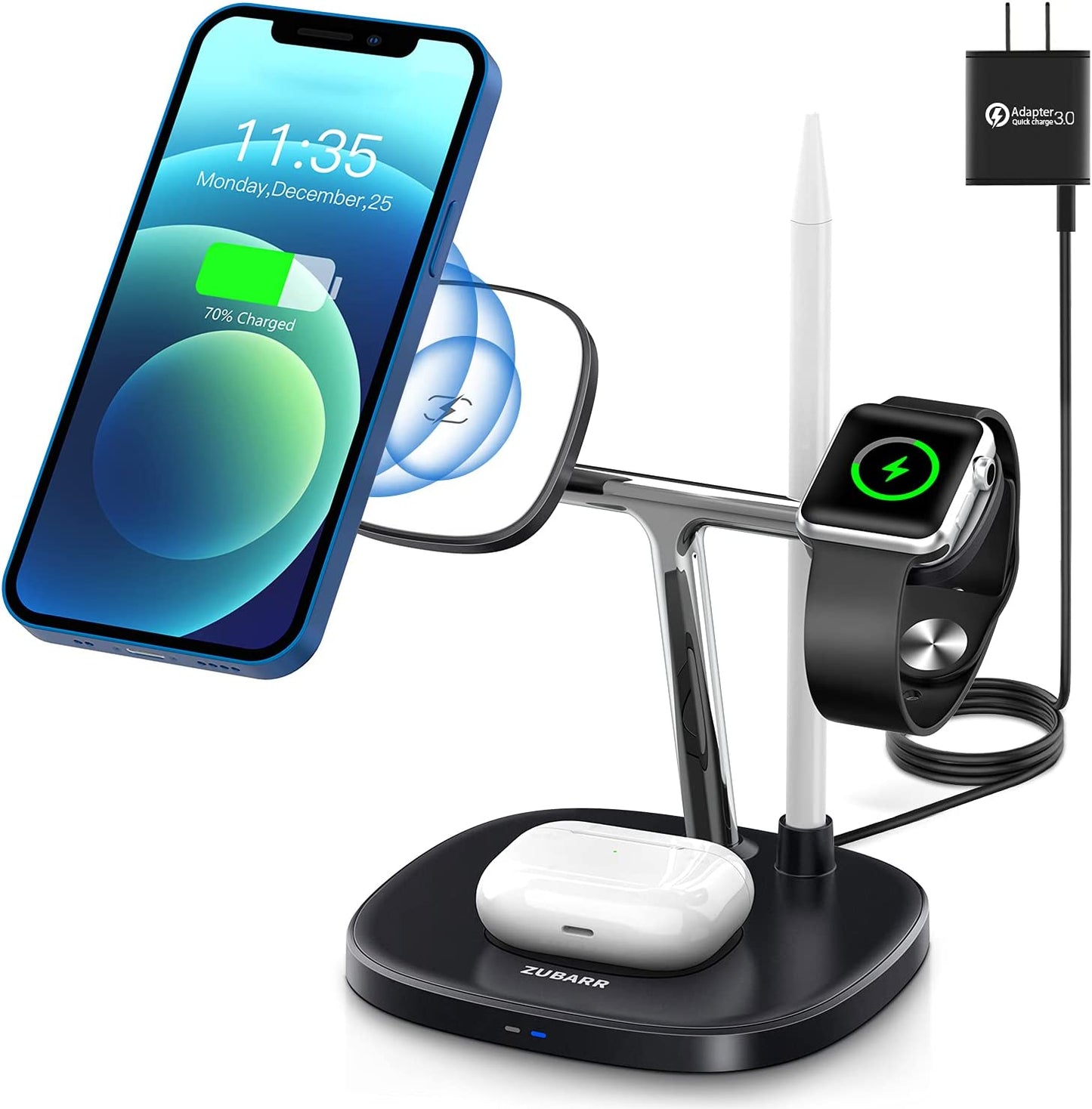 ZUBARR 4 in 1 Fast Wireless Charger, Magnetic Wireless Charging Station Compatible with Iphone 14/13/12 Series, Iwatch SE/6/5/4/3/2, Airpods 2/Pro and Pencil 1Nd with QC 3.0 Adapter  ZUBARR   