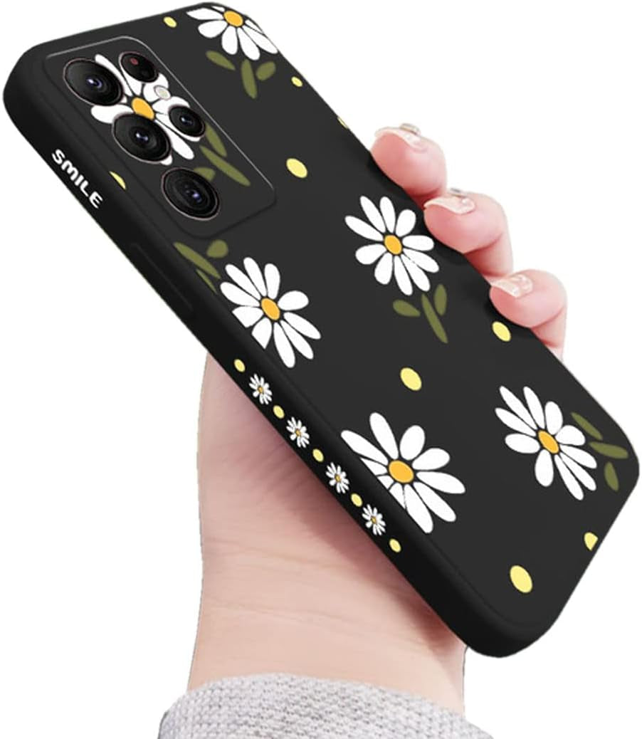 Sunswim Compatible with Galaxy S21 Ultra Case Cute Daisy Pattern Camera Lens Protection Shockproof TPU Bumper Liquid Silicone Protective Cover Phone Cases for Samsung Galaxy S21 Ultra 5G 6.8"-Black  Sunswim   