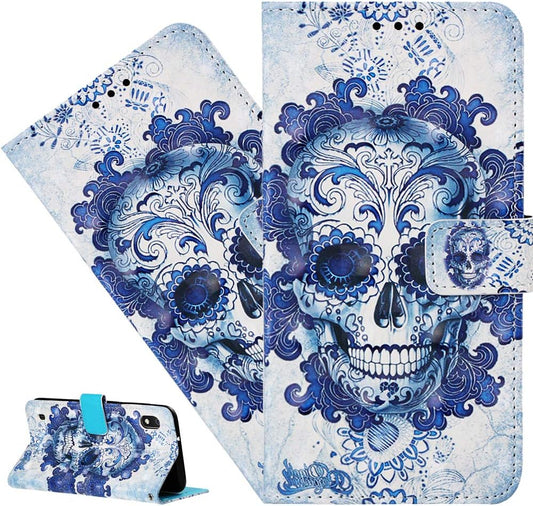 ISADENSER LG V40 Case LG V40 Thinq Phone Case Stylish for Girly Women [Wallet Stand] Kickstand Credit Cards Slot Cash Pockets PU Leather Flip Wallet Case for LG V40 Thinq 3D Blue Skull YB  ISADENSERR   