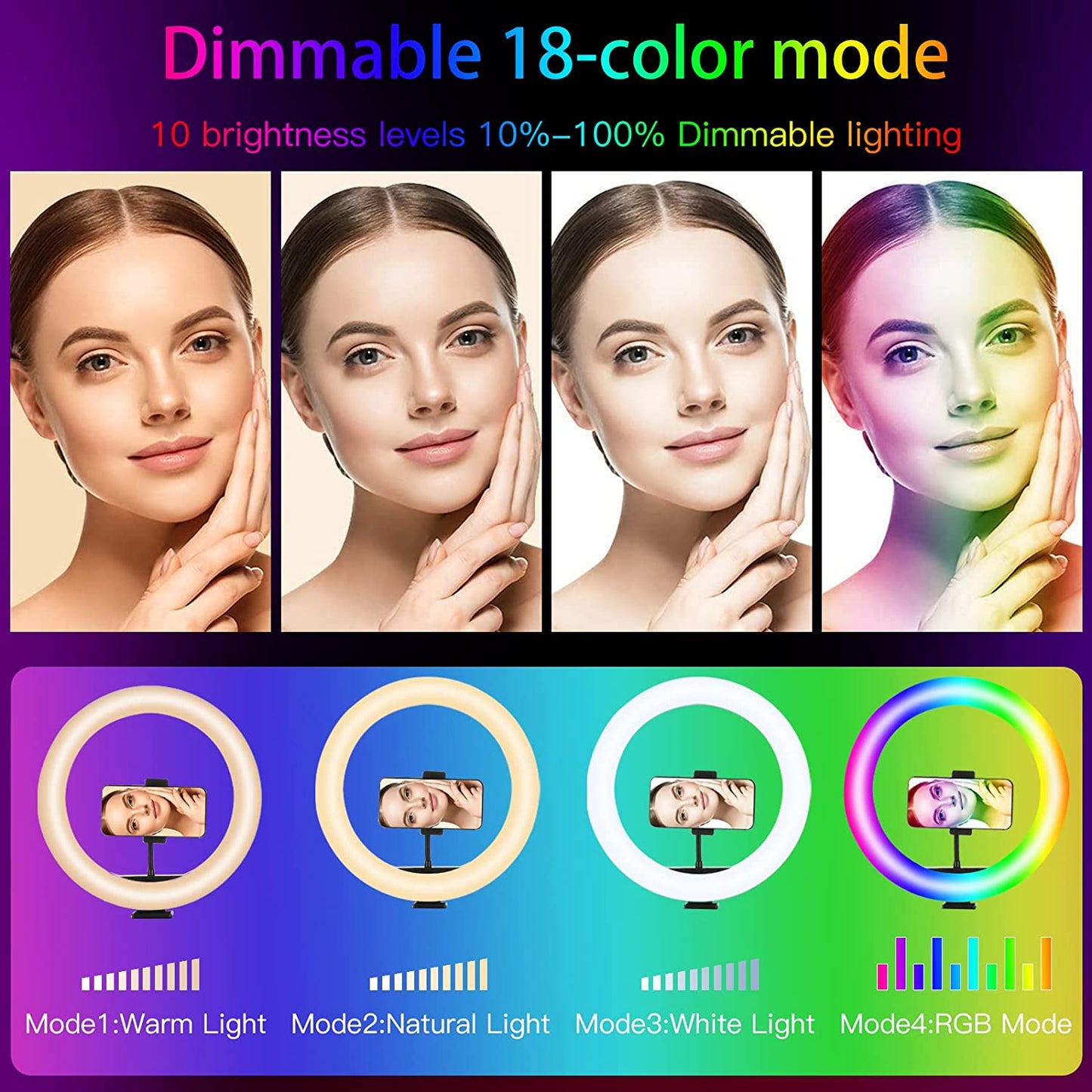 WUZHI 12'' RGB Ring Light with Tripod Stand and Phone Holder & 65'' Stand, Selfie Ring Light on Flash Shoe Mounts, 10 Dimming Levels,18 Color LED Ring Lights for Phone,Live Stream,Makeup,Youtube  WUZHI   
