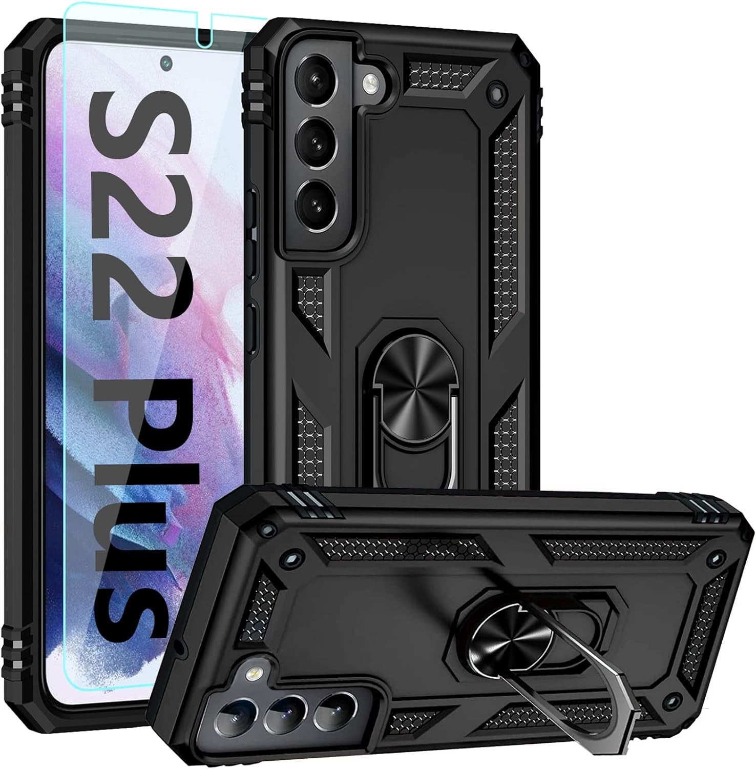 Galaxy S22 plus Case,Samsung S22 plus Case,With Screen Protector,[Military Grade] 16Ft. Drop Tested Cover with Magnetic Kickstand Car Mount Protective Case for Samsung Galaxy S22 Plus, Rose Gold  SKTGSLAMY Black  