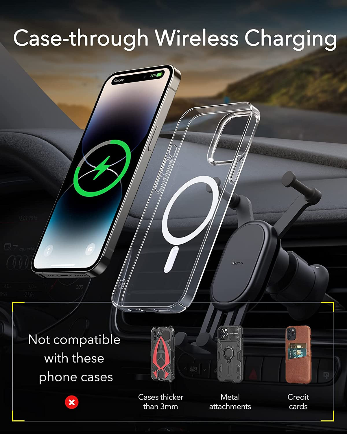 Wireless Car Charger, Baseus 15W Fast Charging Phone Mount for Car Vent, Car Phone Holder with Enlarged Charging Coil for Iphone 14 13 12 11 10 8 Pro Max Xs, Samsung Galaxy S&Note Series Google LG Etc  Baseus   
