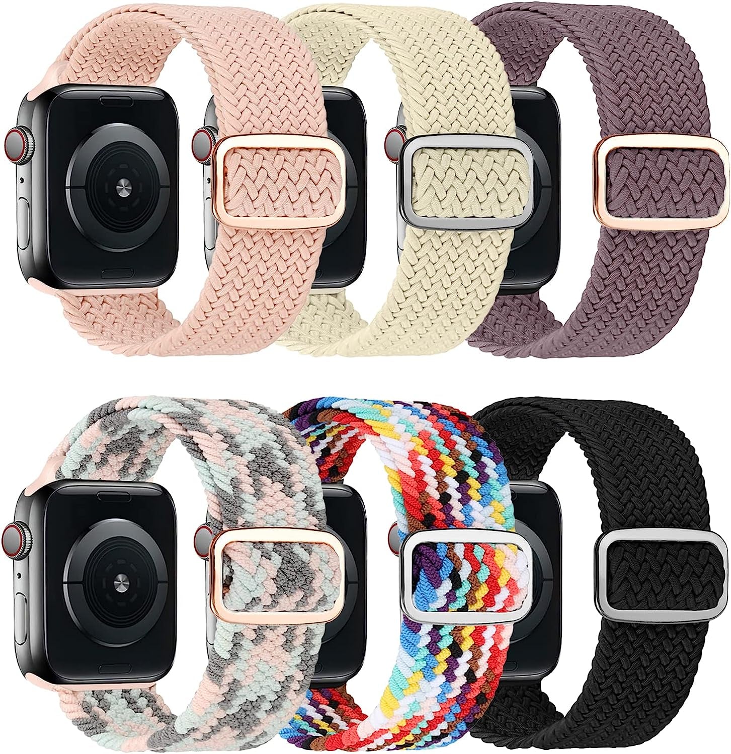 Adjustable Elastics Band Compatible with Apple Watch 38Mm 40Mm 41Mm 42Mm 44Mm 45Mm, Sport Solo Loop Stretch Nylon Replacement Wristband for Iwatch SE Series 8 7 6 5 4 3 2 1  LHXYUO Braided-Starlight+Smoke Violet+Pink+Black+Pride Edition+Mixed Blue-Pink-Grey 42/44/45mm 