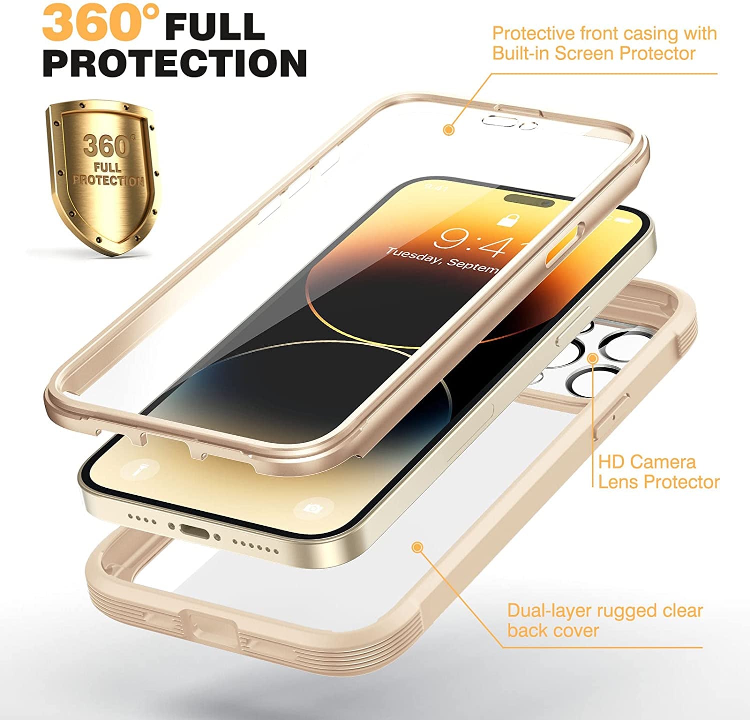 Diaclara Designed for Iphone 14 Pro Case 6.1’’, [2023 Upgraded] Full Body Rugged Case W/Built-In Touch Sensitive Anti-Scratch Screen Protector+9H Tempered Glass Camera Lens Protector (Bean Yellow)  Diaclara   