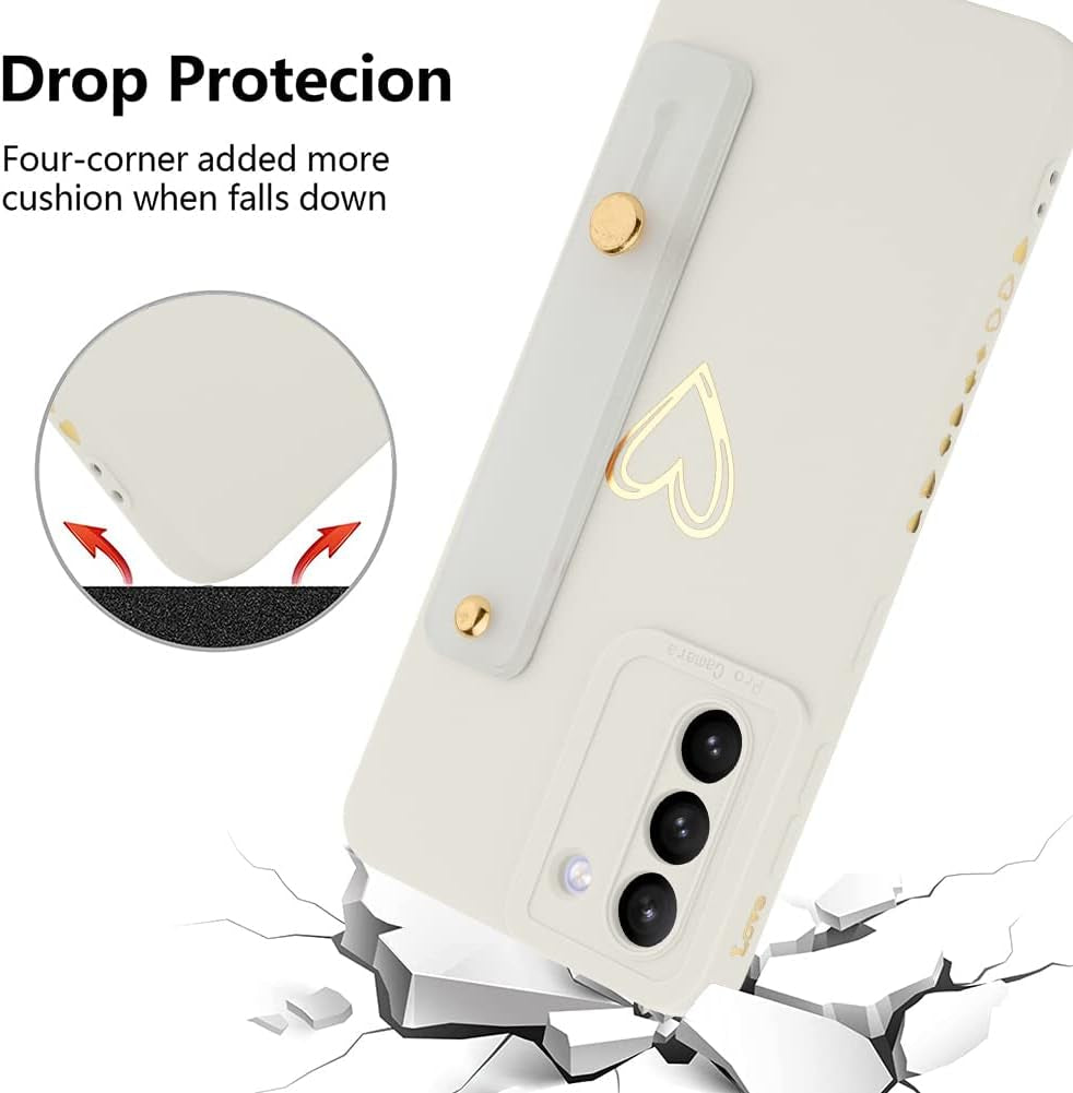 Fiyart Designed for Galaxy S21 5G Case with Phone Stand Holder Cute Love Hearts Pattern Slim Protective Camera Protection Cover with Wrist Strap for Women Girls for Galaxy S21 5G 6.2"-White  Fiyart   