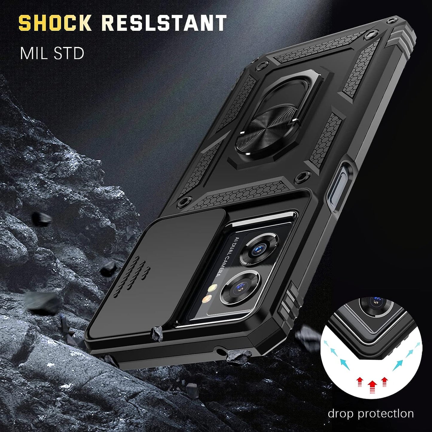 For Oneplus Nord N300 5G Case + Tempered Glass Screen Protector with Kickstand & Slide Lens Protector Cover,Heavy Duty Armor Shockproof Rugged Military Grade Protective Case for Oneplus N300 5G（Black)  Dretal   