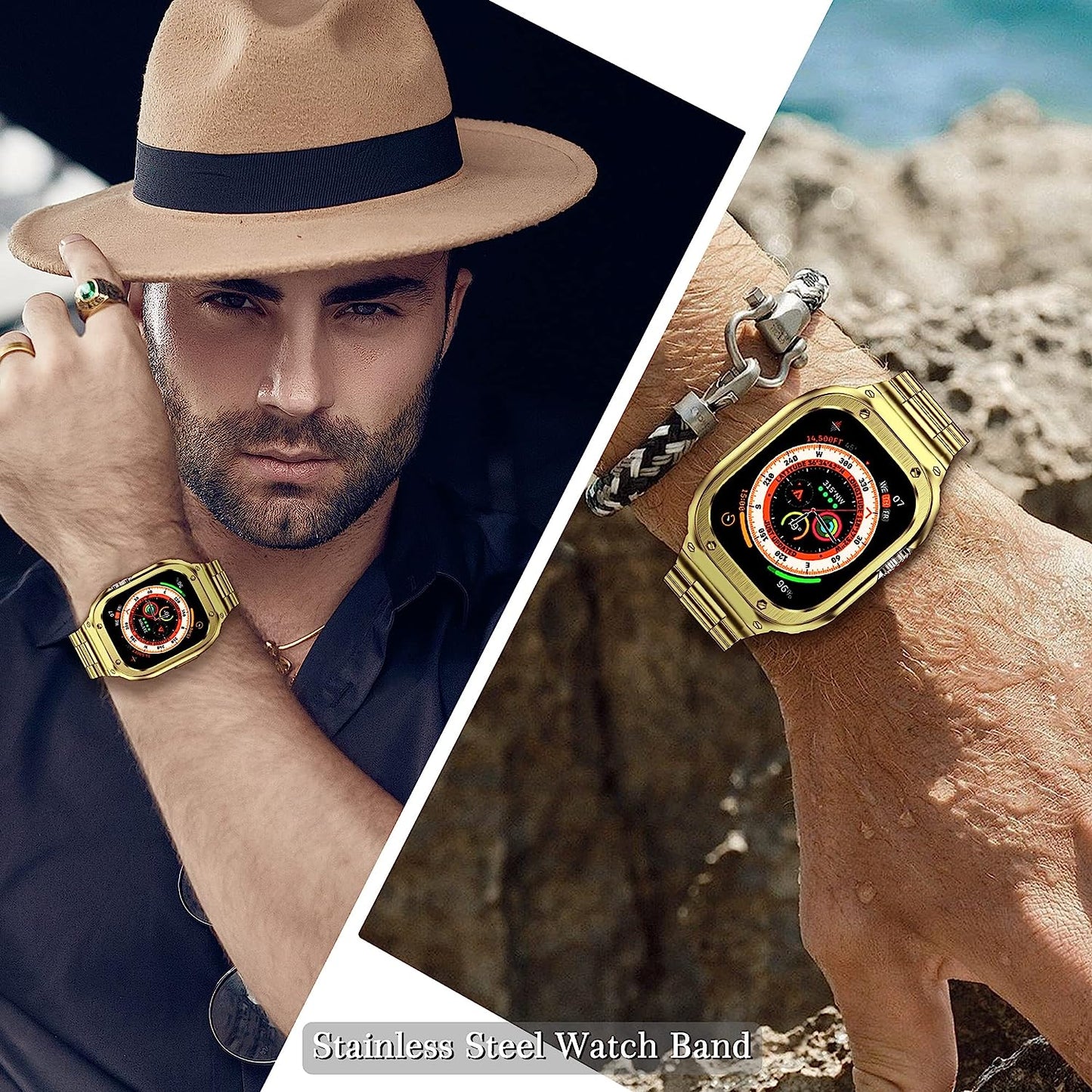 Amznew Stainless Steel Apple Watch Band with Case Compatible with Apple Watch Ultra 49Mm 8/7(45Mm/41Mm) 6/5/4/Se(44Mm/40Mm) 3/2/1(42Mm/38Mm), Iwatch Bands and Protective Cover for Men  Amznew   