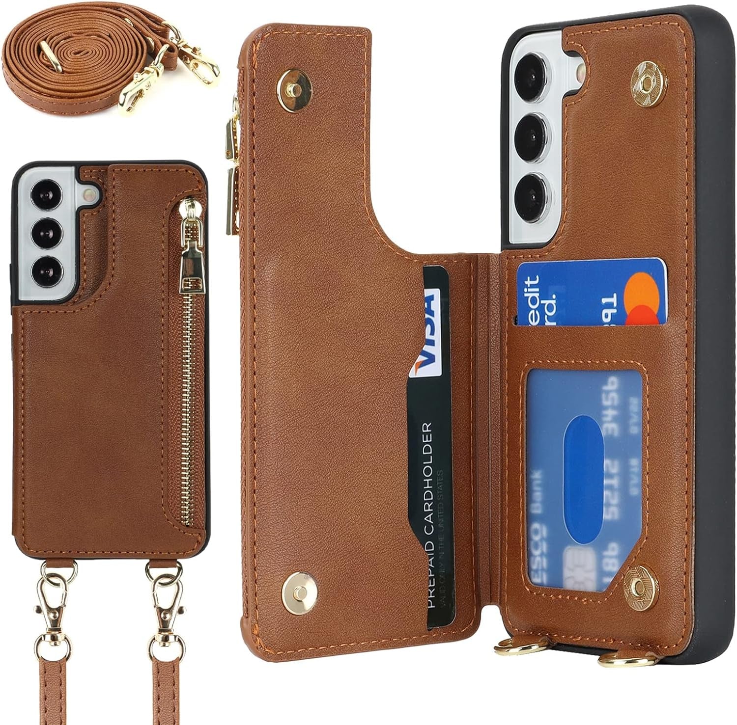 Jaorty Samsung Galaxy S22 5G Phone Case for Women with Card Holder,Samsung S22 Case Wallet Crossbody Lanyard with Strap,Credit Card Slots Kickstand Case with Ring Holder,6.1 Inch,Black  Jaorty Crossbody Flip Case- Brown  