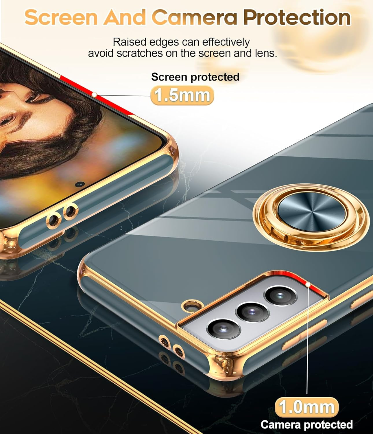 Leyi for Samsung Galaxy S21 plus Case 360° Rotatable Ring Holder Magnetic Kickstand, Plating Rose Gold Edge Protective Case, Grey  LeYi   