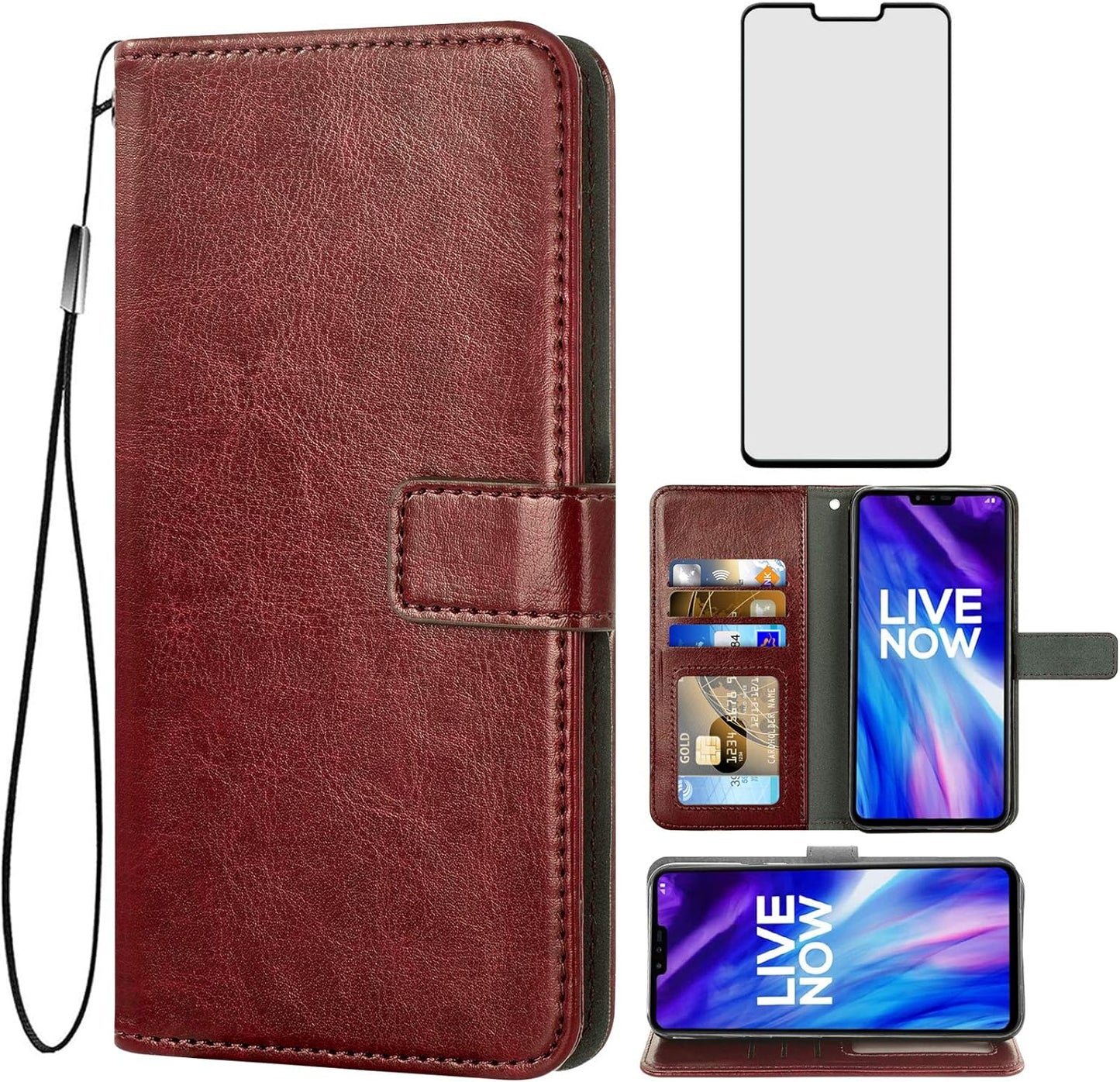 Asuwish Compatible with LG V40 Thinq Wallet Case Tempered Glass Screen Protector and Leather Flip Card Holder Stand Accessories Phone Cases for LGV40 Storm V 40 Thin Q V40Thinq LG40 40V 40Thinq Brown  Asuwish   
