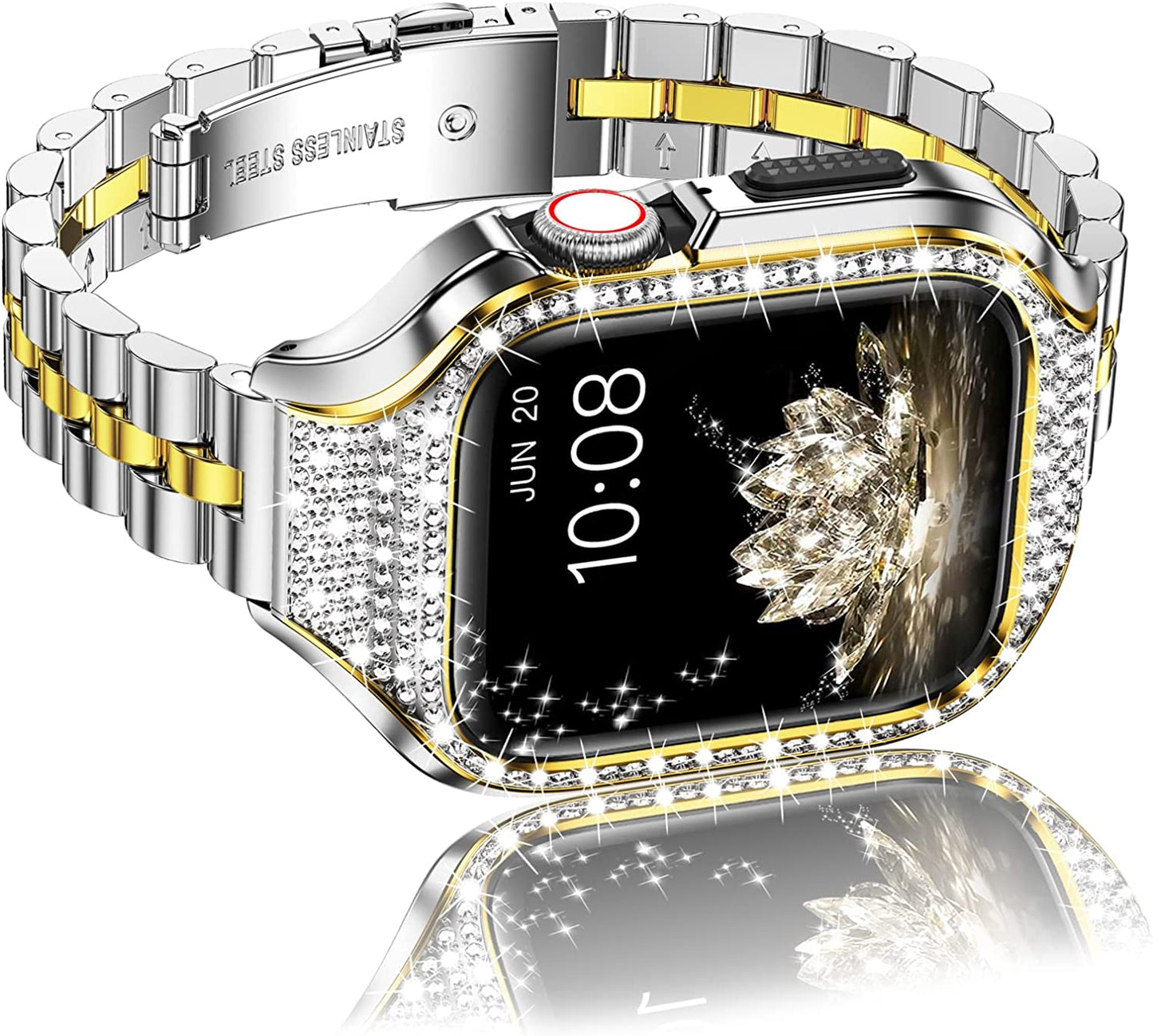 Miohhr Metal Case with Band Compatible with Apple Watch Band Series 8 7(41Mm),Series 6/5/4 (40Mm),Series 3/2/1 (38Mm),Slim Stainless Steel Strap with Bling Diamond Protective Bumper Cover for Iwatch Bands Women  MioHHR   