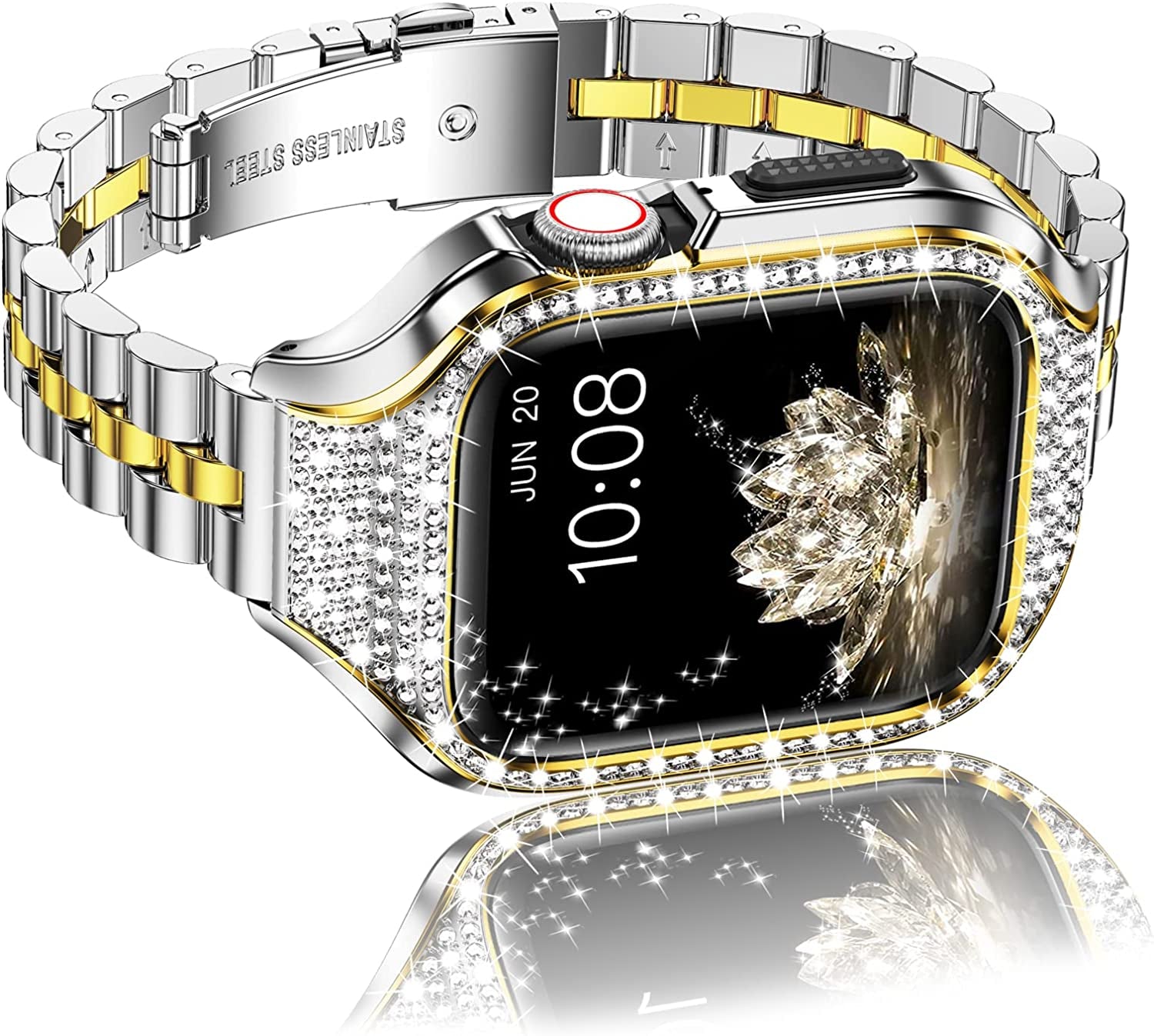 Miohhr Metal Case with Band Compatible with Apple Watch Band Series 8 7(41Mm),Series 6/5/4 (40Mm),Series 3/2/1 (38Mm),Slim Stainless Steel Strap with Bling Diamond Protective Bumper Cover for Iwatch Bands Women  MioHHR   