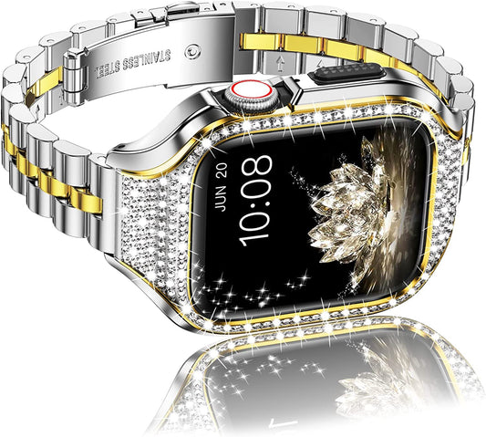 Miohhr Metal Case with Band Compatible with Apple Watch Band Series 8 7(41Mm),Series 6/5/4 (40Mm),Series 3/2/1 (38Mm),Slim Stainless Steel Strap with Bling Diamond Protective Bumper Cover for Iwatch Bands Women  MioHHR   