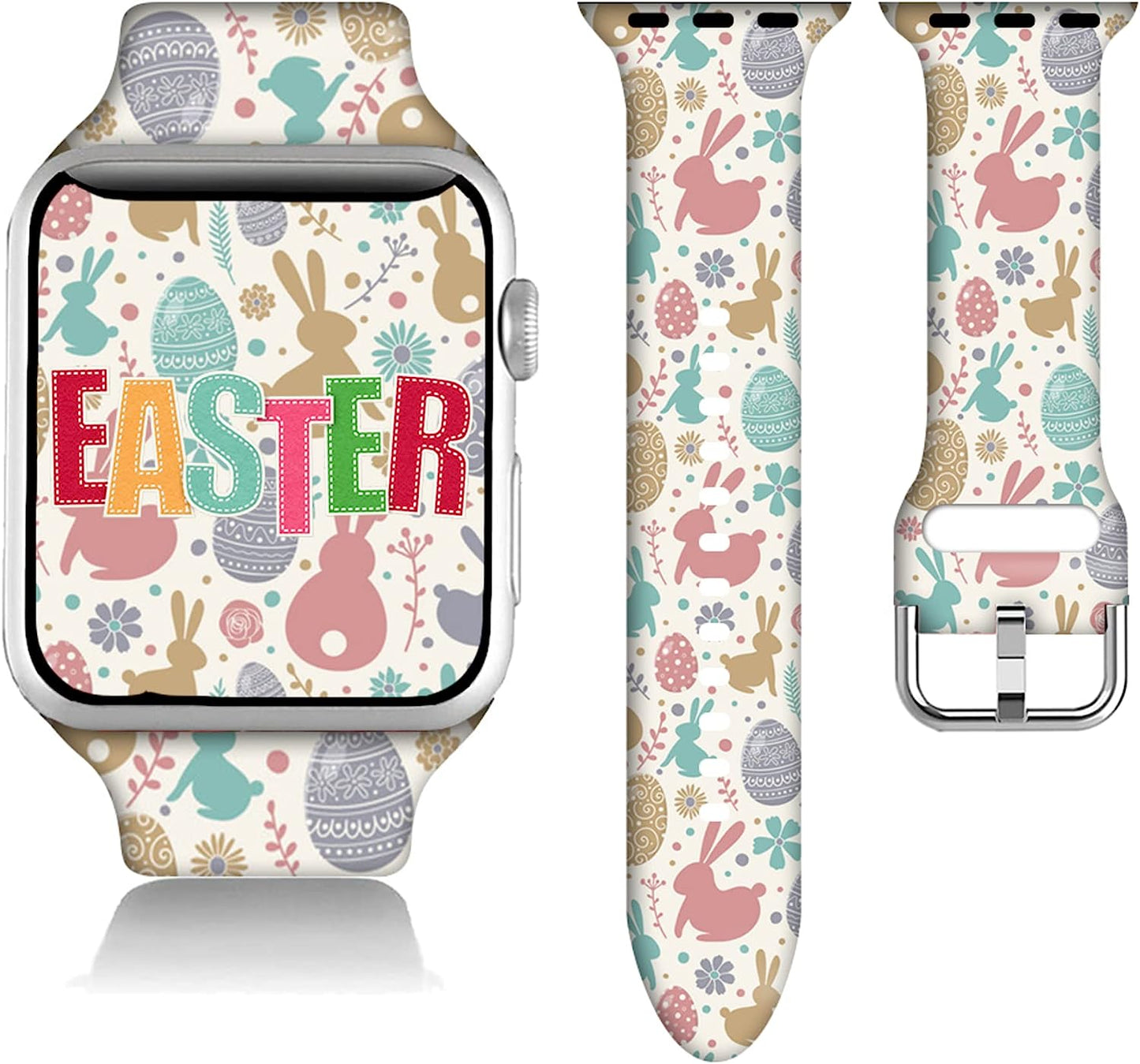 Easter Gifts Decorations Wristband Straps for Apple Watch Band 38Mm/40Mm/41Mm/42Mm/44Mm/45Mm Soft Silicone Easter Watch Band Strap for Apple Smart Watch Series 7 6 5 4 3 2 1 SE.  DGDGDG Cute Easter Bunny Rabbit Colorful Easter Eggs 38mm/40mm/41mm 