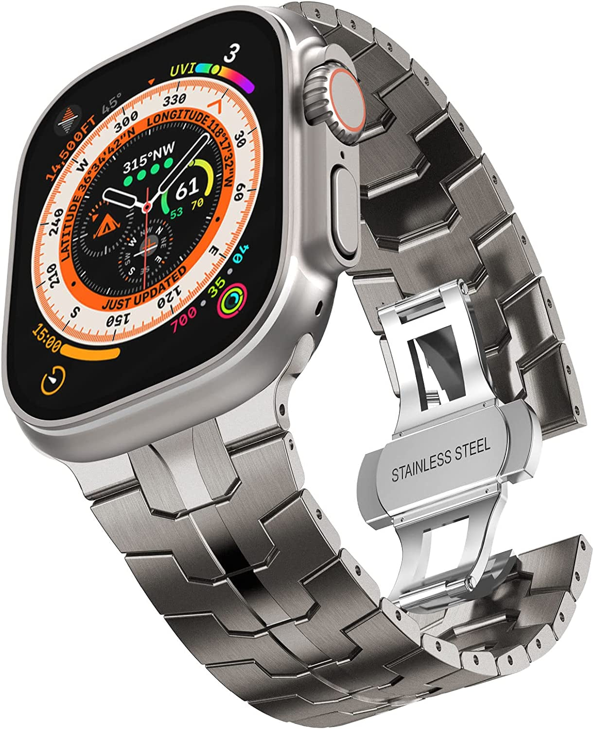 CHANCHY Stainless Steel Band for Apple Watch Ultra Band 49Mm 45Mm 44Mm 42Mm 38Mm 40Mm 41Mm, Metal Strap with Folding Clasp for Apple Watch Series 8 7 6 5 4 3 2 1 SE Men (Black, 49Mm 45Mm 44Mm 42Mm)  CHANCHY Titanium 42mm/44mm/45mm/Ultra 49mm 