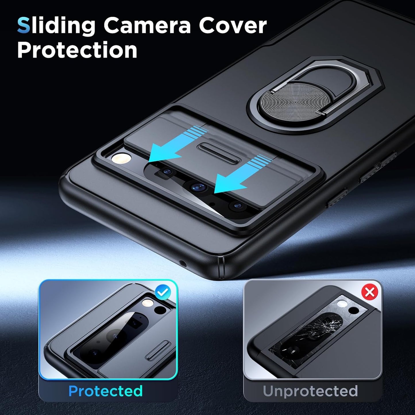 Simtect for Google Pixel 8 Pro Case with Sliding Camera Cover, [Military Drop Protection] [360° Rotation Ring Stand], Slim Protective Case for Google Pixel 8 Pro Phone Case 6.7'' - Black  Simtect   