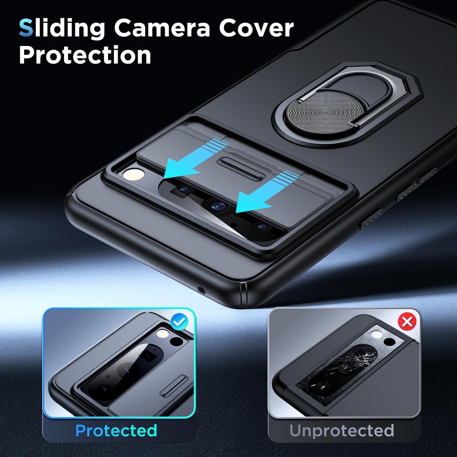 Simtect for Google Pixel 8 Pro Case with Sliding Camera Cover, [Military Drop Protection] [360° Rotation Ring Stand], Slim Protective Case for Google Pixel 8 Pro Phone Case 6.7'' - Black  Simtect   