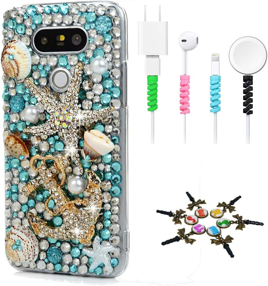 STENES Bling Case Compatible with LG G8 Thinq - Stylish - 3D Handmade Sparkle Series Anchor Shell Rose Flowrs Design Cover with Cable Protector [4 Pack] - Novy Blue  STENES Statfish Shell Anchor / Novy Blue Design For Lg G8 Thinq 