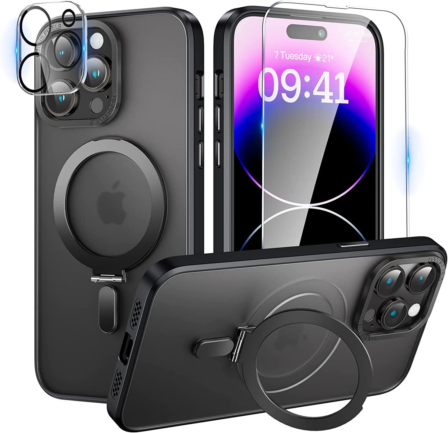 Niufoey Magnetic Stand Case for Iphone 14 Pro Max Case with Invisible Stand,[Compatible with Mag Safe][Translucent Matte Case][Tempered Glass Screen Protector+Camera Lens Protector] 6.7 Inch, Black  niufoey   