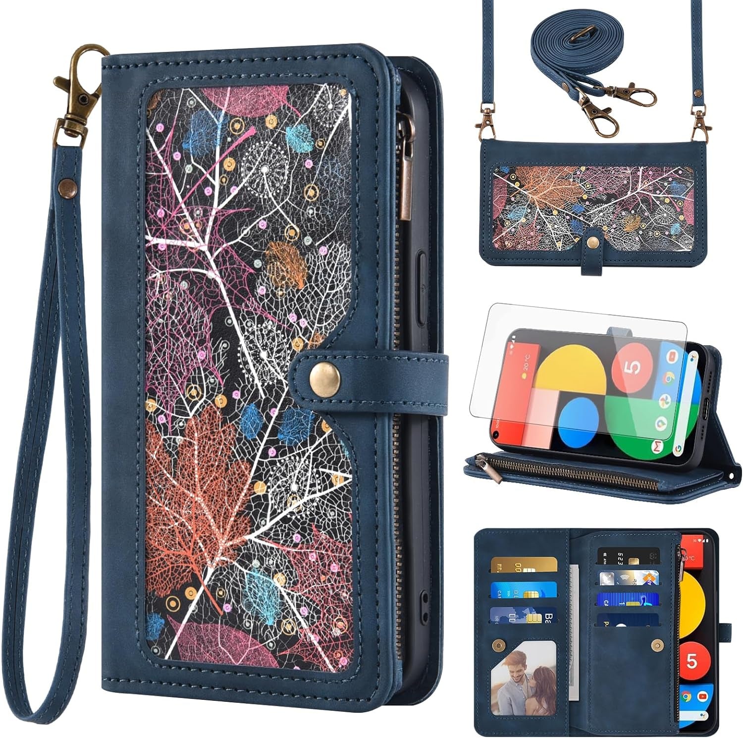 Asuwish Phone Case for Google Pixel 4A 5G 6.2 Wallet Cover with Screen Protector and Crossbody Wrist Strap Leather Flip Pattern Zipper Credit Card Holder Pixel4A5G UW Pixel4A 5G Pixle A4 G5 4A5G Black  Asuwish Blue  
