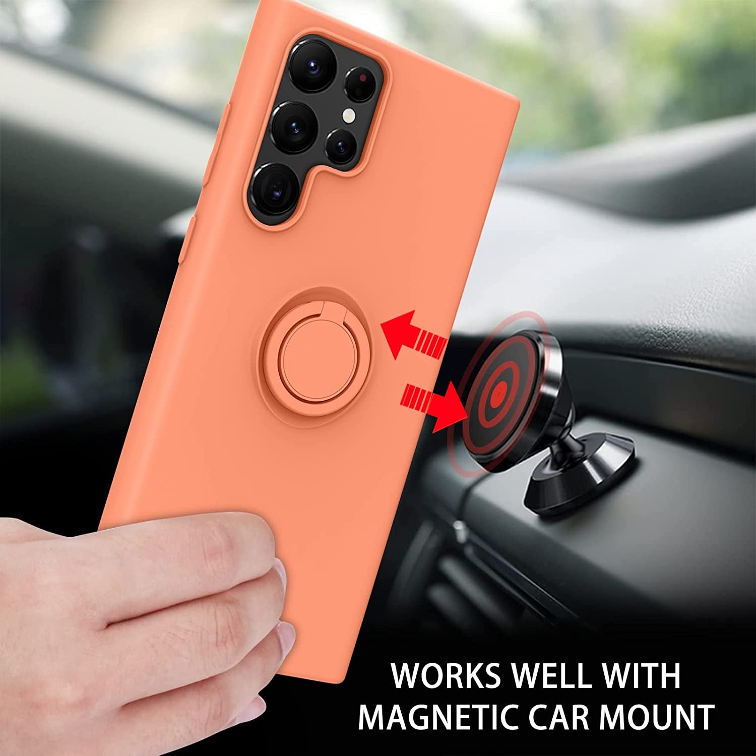 DUEDUE for Samsung Galaxy S22 Ultra 5G Case, Liquid Silicone Slim Soft Gel Rubber Cover with Ring Kickstand Car Mount Function Shockproof Protective Phone Case for Samsung S22 Ultra 6.8", Orange  DUEDUE   