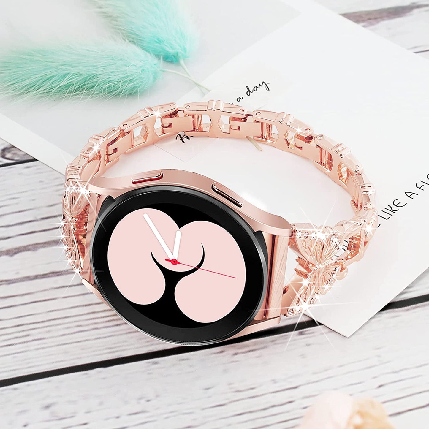 G-Ficu Galaxy Watch 4 Band 20Mm Butterfly Band for Samsung Galaxy Watch 5 & 4 Band 40Mm 44Mm, Women Bling Diamond Slim Band, Cute Luxury Metal Band for Watch 5 Pro/Watch 4 Classic 42Mm 46Mm/Watch 3 41Mm/Active 2(Rose Gold)  Green ficus   
