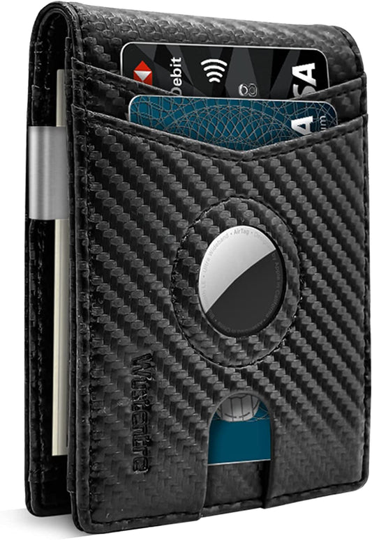 Wustentre Airtag Wallet Holder with Money Clip, Air Tag Wallet, Minimalist Carbon Leather RFID Blocking Bifold Credit Card Holder Wallet, Mens Slim Front Pocket Wallet with Airtag Slot Accessories  Wustentre-US   