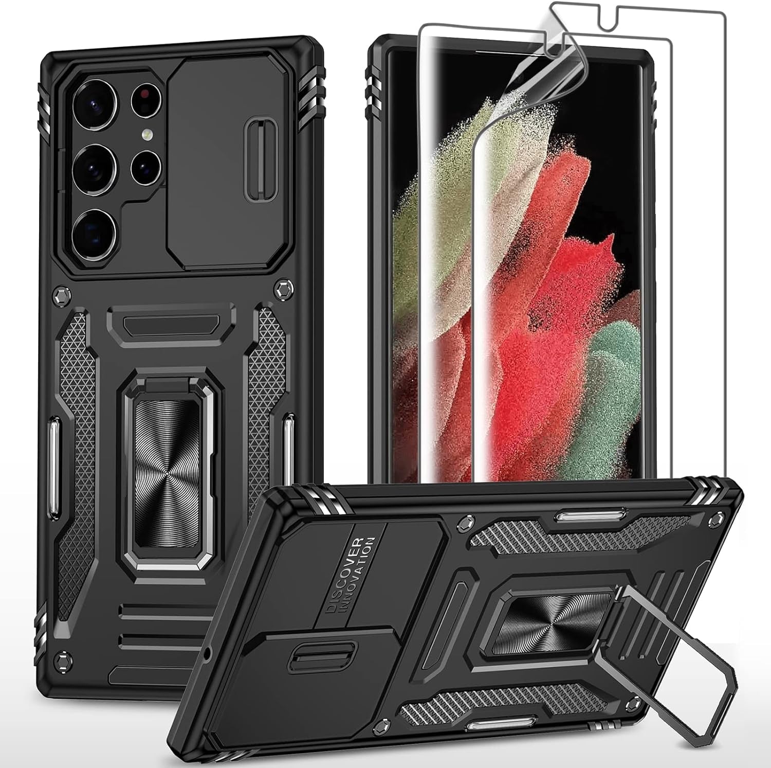 THMEIRA Samsung Galaxy S21 Ultra Case, Armor Phone Case for Samsung S21 Ultra with Screen Protector [Soft 2 Pcs] with Camera Cover, Galaxy S21 Ultra Magnetic Ring Case Anti-Fall Drop Protection, Black  THMEIRA Black Samsung S22 Ultra Case 