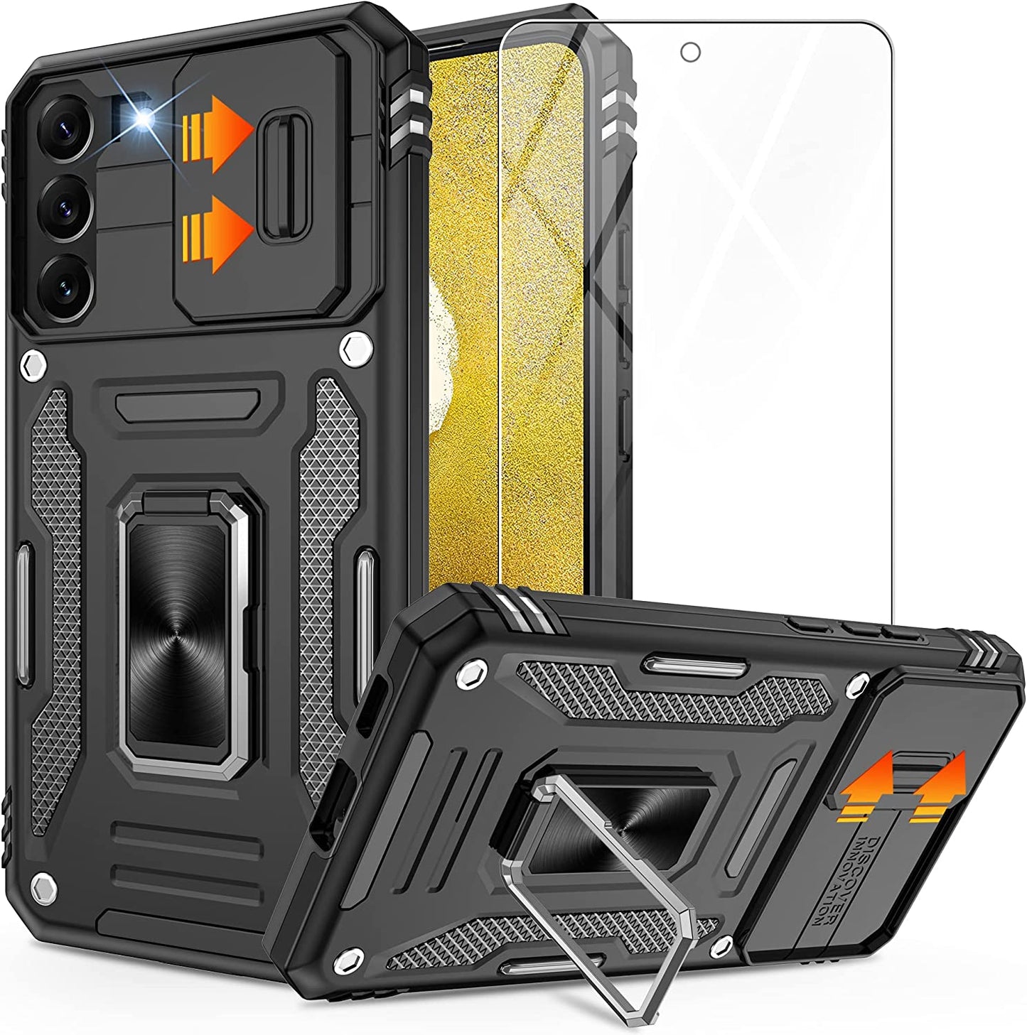 Galaxy S22 Case，S22 Case with Slide Camera Cover and Screen Protector, Shockproof Samsung S22 Galaxy Case with 360° Magnetic Ring Holder Kickstand Phone Case for Samsung S22 Black  Gritup   