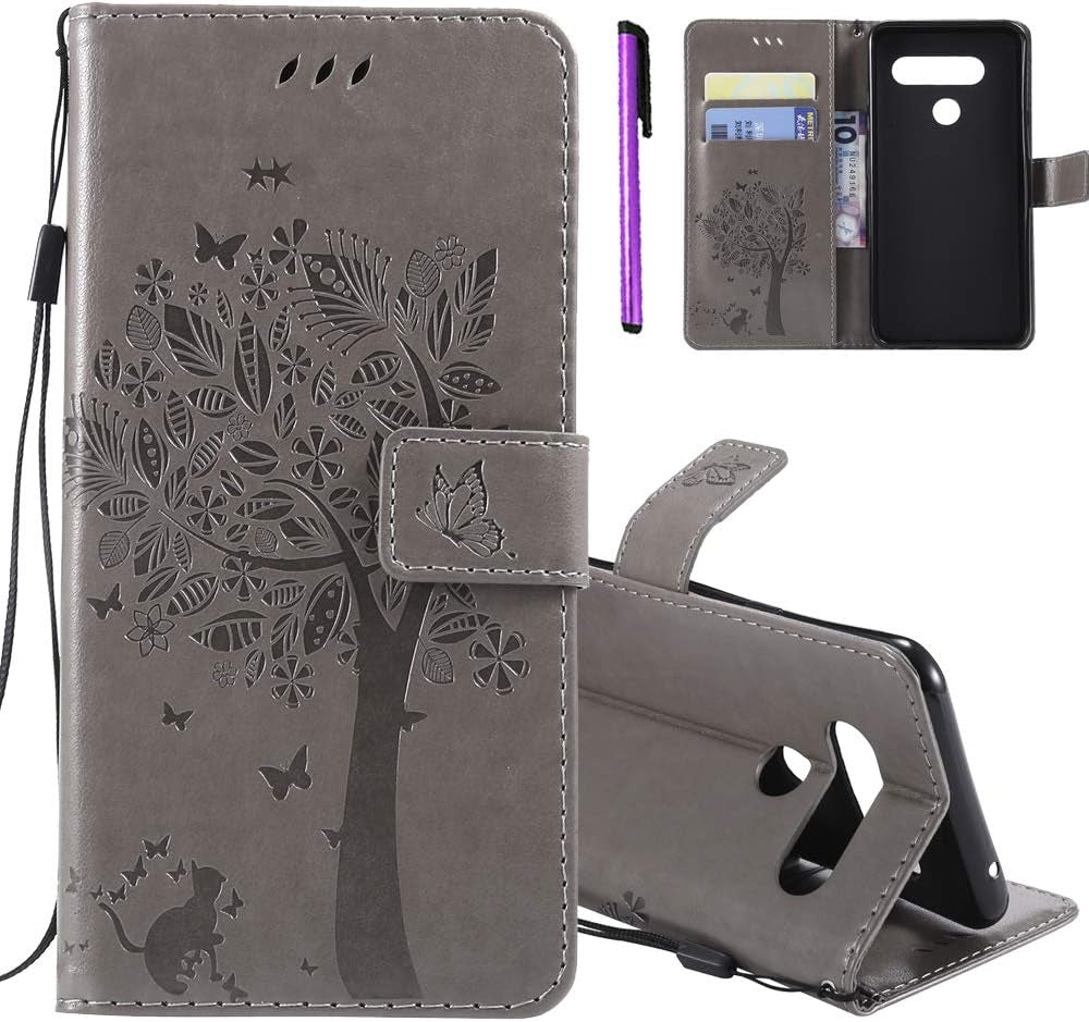 ISADENSER LG V40 Thinq Case LG V40 Flip Case for Women [Wallet Stand] as Case with Cards Slot Holder Cash Pockets Magnetic Closure PU Leather Wallet Case Cover for LG V40 Thinq Blue Cat Wish Tree  ISADENSER D] Kt-Wish Tree Leather-3  