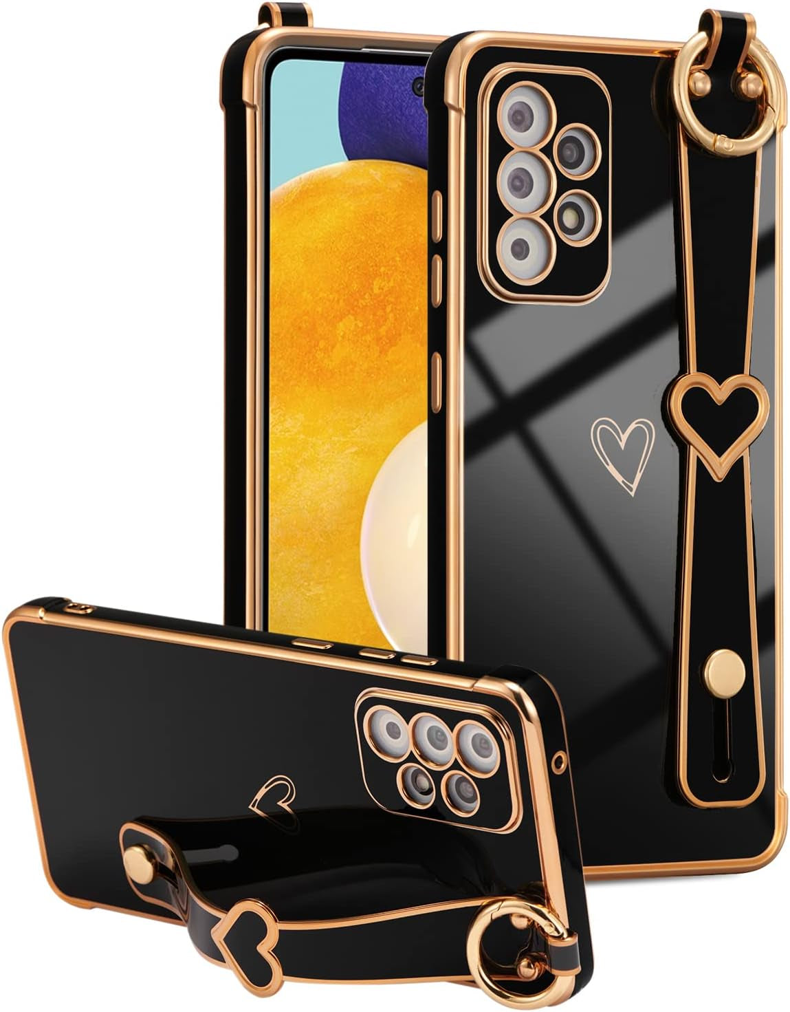 ZTOFERA Samsung Galaxy A53 5G Case with Kickstand,Luxury Cute Plating Edge Love Hearts Pattern Wrist Strap Finger Holder for Girls Women,Soft Shockproof Cover for Galaxy A53 6.5",Black  ZTOFERA   