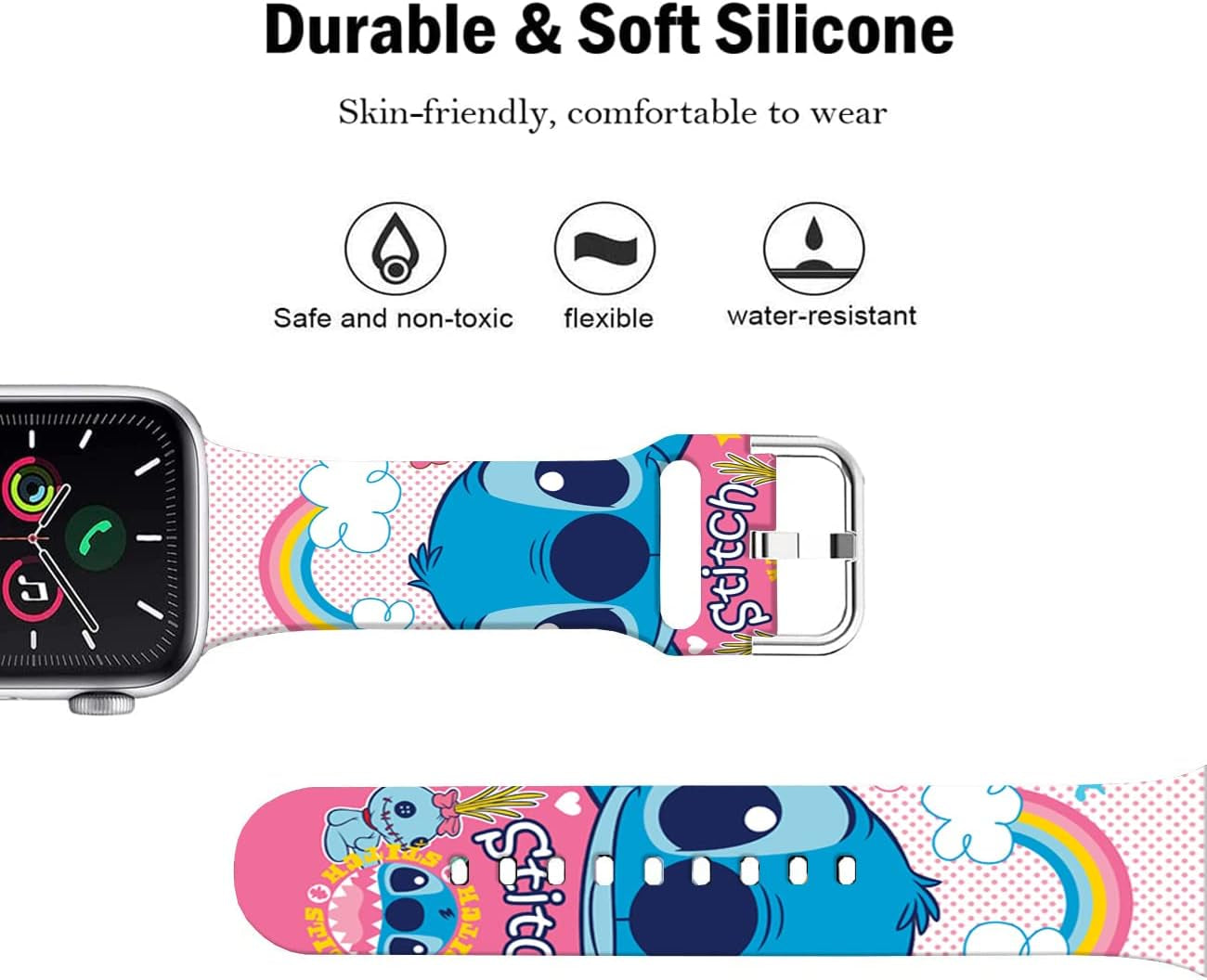 Sjiangqiao Compatible with Apple Watch Bands Stitch 42Mm 44Mm 45Mm/Ultra 49Mm Cute Cartoon Band Lovely Style Replacement Strap Soft Silicone Chic Cartoon Design Pattern Sports Bands for Iwatch Series SE 8 7 6 5 4 3 2 1 Men Women(Pink)  Sjiangqiao   