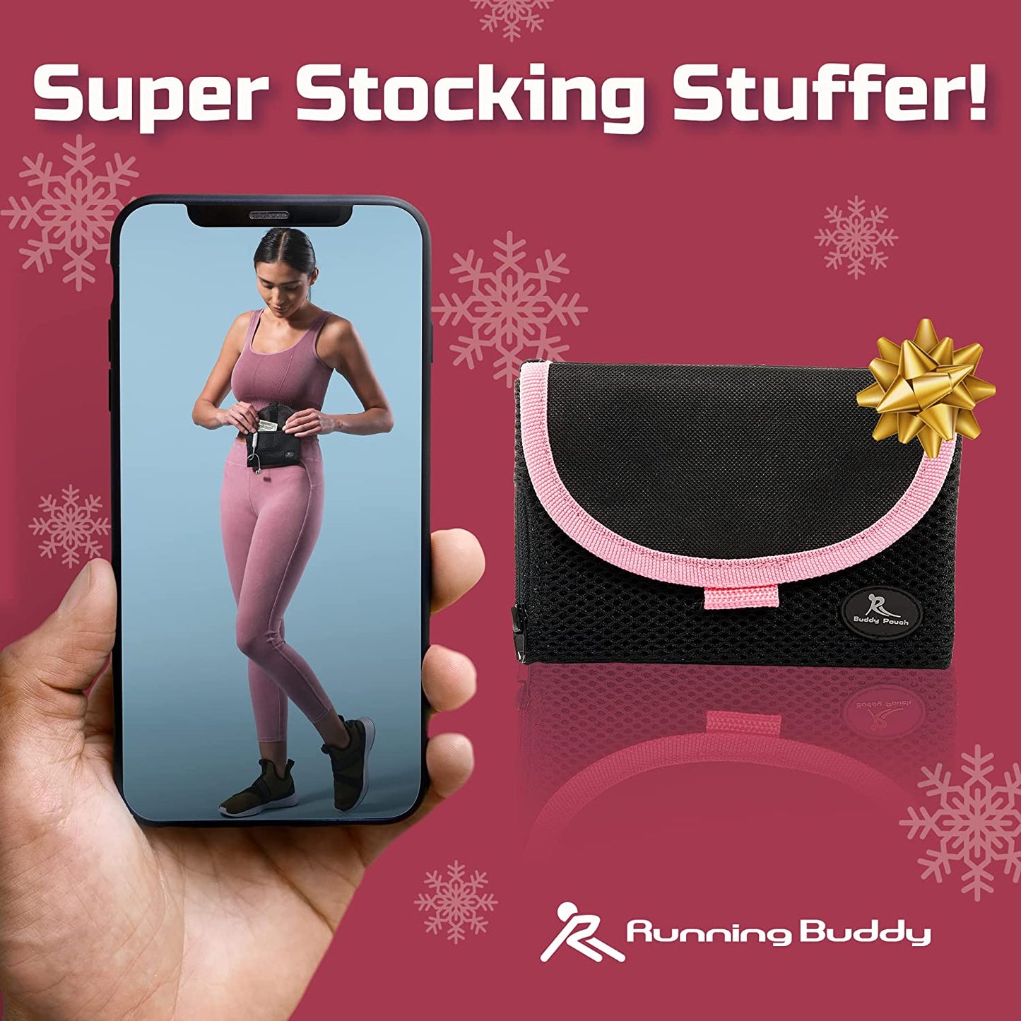 Running Buddy Magnetic Buddy Pouch, Beltess, Chafe and Bounce Free, Runners Fanny Pack, Phone Holder, Great for Running, Walking, Traveling & More, for Men & Women - 6-3/4” L X 4” W - Black and Pink  Runner's High   