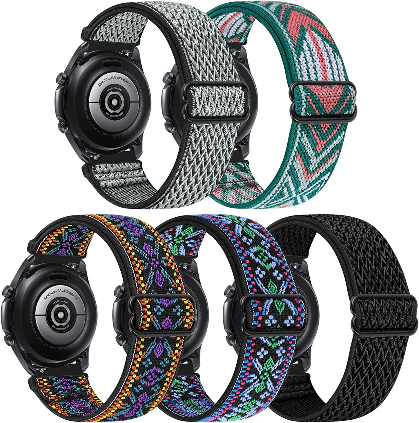 22Mm Bands Compatible with Samsung Galaxy Watch 3 45Mm Band/Galaxy Watch 46Mm/Gear S3 Frontier, Stretchy Adjustable Elastic Nylon Woven Sport Loop 22Mm Wristband for Men Women, 5 Packs  HPJK Black/Grey/GreenArrow/Atec Green/Aztec Purple  