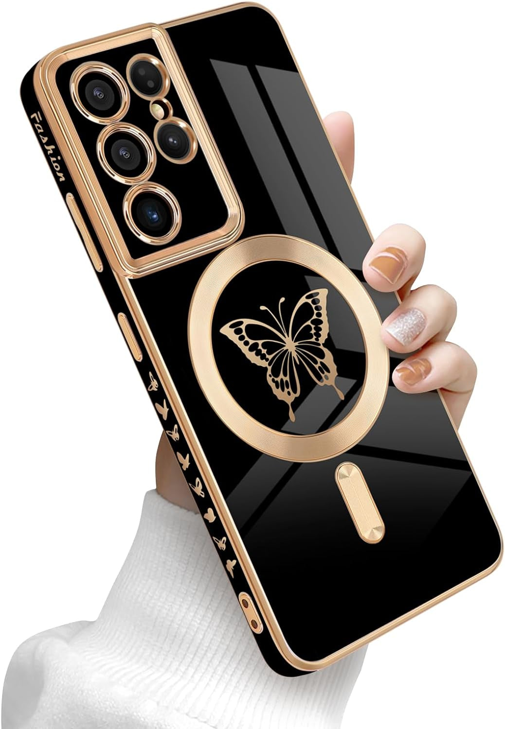 Newseego for Samsung Galaxy S21 Ultra 5G Magnetic Case, Cute Butterfly Plating Edge Case with Magsafe for Women Girls Men Soft TPU Bumper Shockproof Protective Cover for Samsung Galaxy S21 Ultra-Pink  Newseego Black  