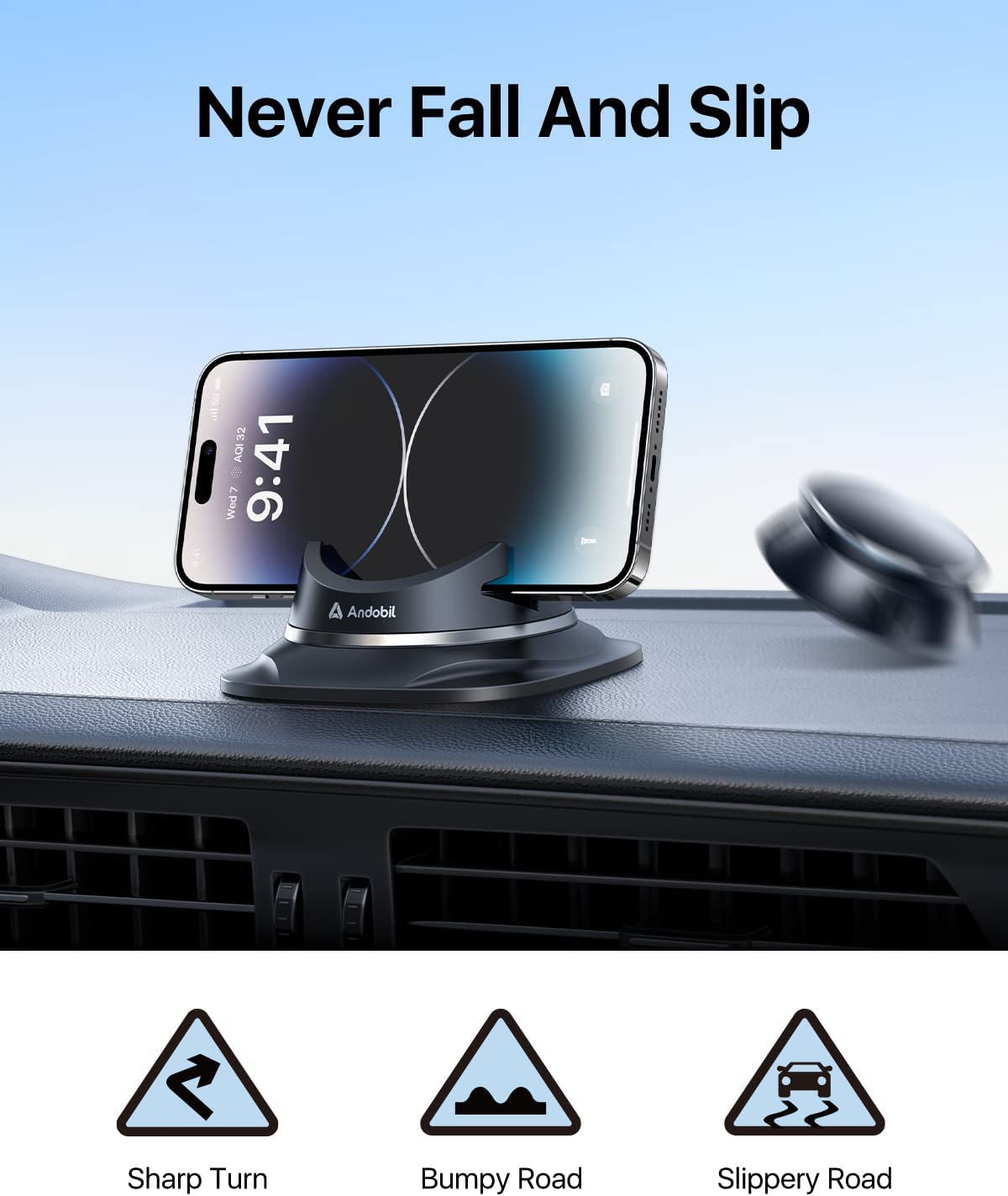 Andobil 2023 Upgraded Dashboard Phone Holder Car, [Ultra Steady, Never Slip] Reusable Silicone Phone Mount for Car, 360°Rotatable Car Mat Compatible for Iphone, Samsung, Smartphone, Car Accessories  andobil   