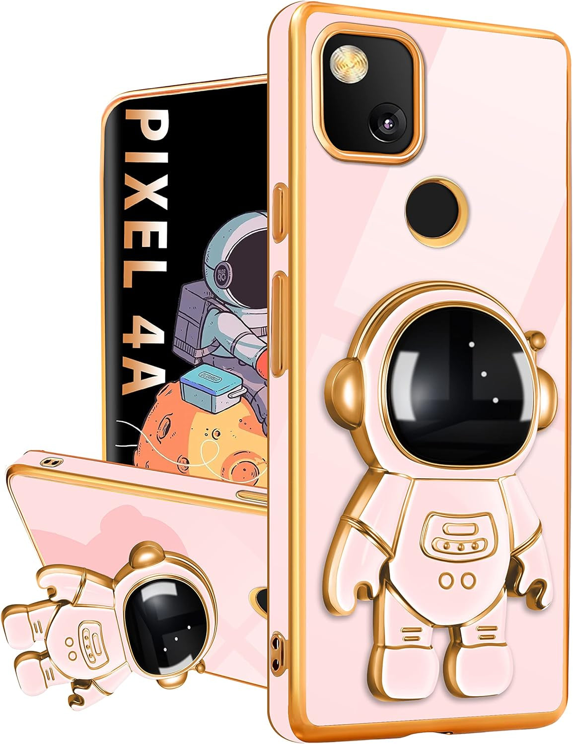 Buleens for Google Pixel 4A Case with Astronaut Stand, Women Girls Pixel 4A Cases, Girly Cute 6D Outer Space Heart Pattern Phone Cover for Google Pixel 4A(Not Fit 5G) 5.8 Inch Black  Buleens For Google Pixel 4A-Pink  