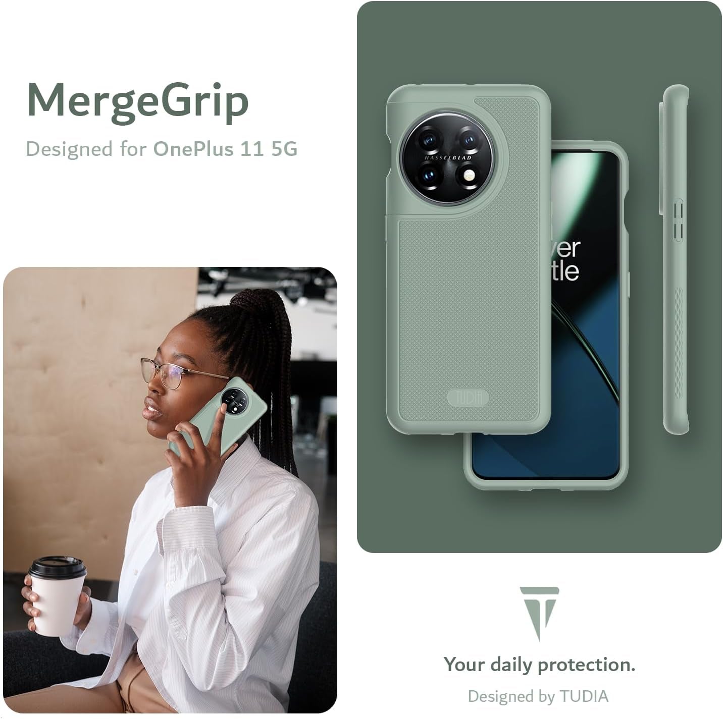 TUDIA Dualshield Grip Designed for Oneplus 11 Case 5G (2023), [Mergegrip] Dual Layer Shockproof Slim Military Grade Non-Slip Tough Heavy Duty Protective Phone Case Cover (Green Lily)  TUDIA   