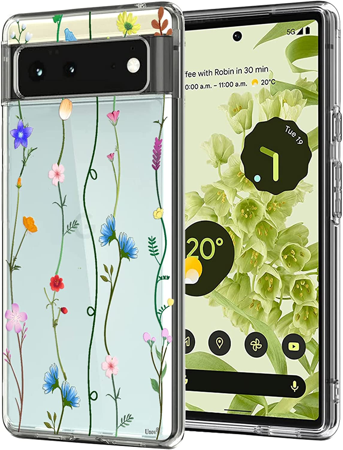 Unov Case Compatible with Pixel 6 Case Clear with Design Soft TPU Shock Absorption Slim Embossed Pattern Protective Back Cover 6.4 Inch (Flower Garden)  Unov Flower Art  