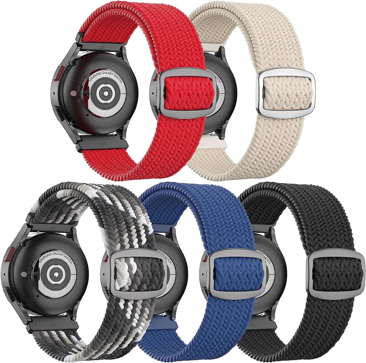 20Mm Braided Bands Compatible with Samsung Galaxy Watch 5&4 Band/Active 2 40Mm 44Mm/Galaxy Watch 5 Pro 45Mm/Galaxy Watch 4 Classic 42Mm 46Mm/Watch 3 41Mm, 5 Pack Elastic Stylish Quick Release Bands  ABOVEACC E-Red/Gradient Black/Blue/Starlight/Black  