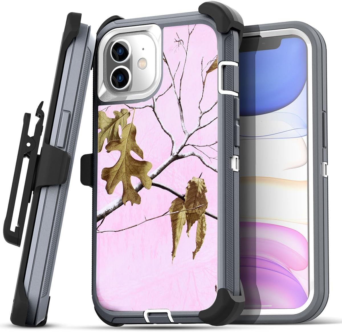 Aicase for Iphone 11 Case with Belt-Clip Holster, Heavy Duty Drop Protection Rugged Shockproof/Drop/Dust Proof 3-Layer Protective Durable Indestructible Phone Cover for Iphone 11, Black  AICase Grey/Pink Tree(With Belt Clip) Iphone 11 
