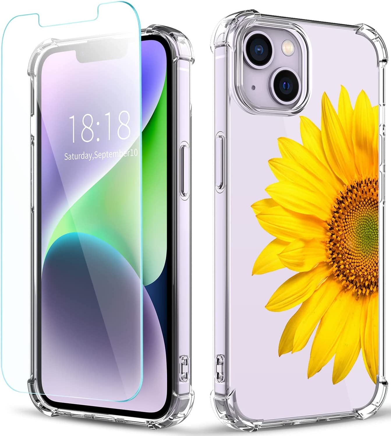 YOYORI Compatible with Iphone 14 Case with Screen Protector, Flower Pattern Design, Floral Clear Women Phone Case Shockproof Protective Soft TPU Bumper Cover 6.1 Inch 2022(Hibiscus)  YOYORI Sun Flower/Yellow  