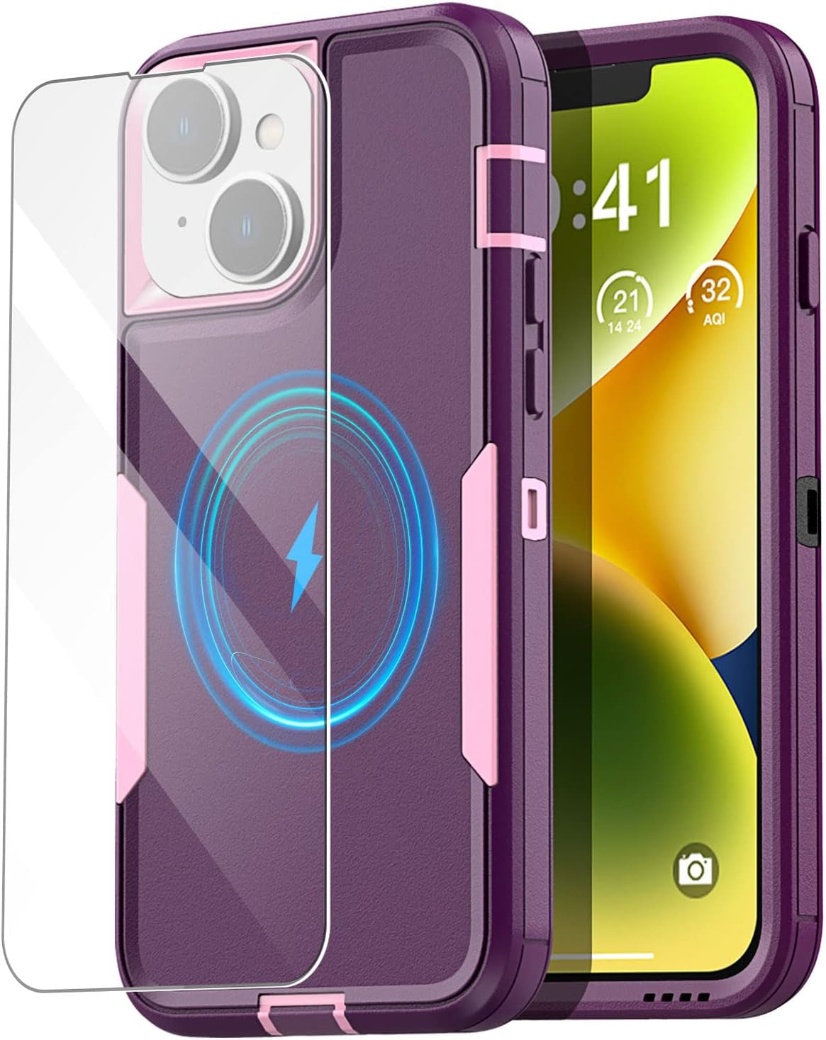 Aicase Magnetic Case for Iphone 14 Plus,Support Magnetic Car Mount Heavy Duty 2-Layer Pocket-Friendly Durable Military Grade Protection Shockproof/Dropproof Protective Cover for Iphone 14 plus 6.7"_1  AICase Night Purple With Glass Protector_Magsafe Function  