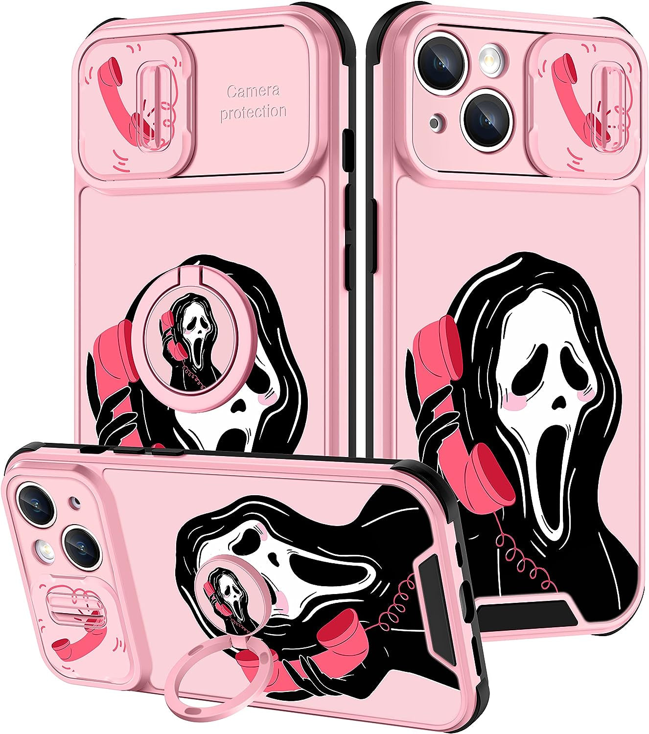 Goocrux (2In1 for Iphone 14 plus Case for Girls Women Kawaii Cartoon Girly Phone Cover Cute Unique Design with Slide Camera Cover+Ring Holder Pink Rainbow Cases for Iphone 14Plus 6.7 Inch  Goocrux Call Phone Skeleton  